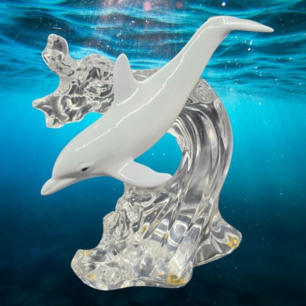 Vtg Lenox Porcelain China Grey Dolphin Crystal Clear Wave Figurine Statue 1995